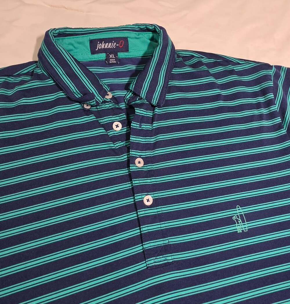 johnnie-O Men's XL Blue/Green Striped Pima Cotton Blend Short Sleeve Polo Shirt